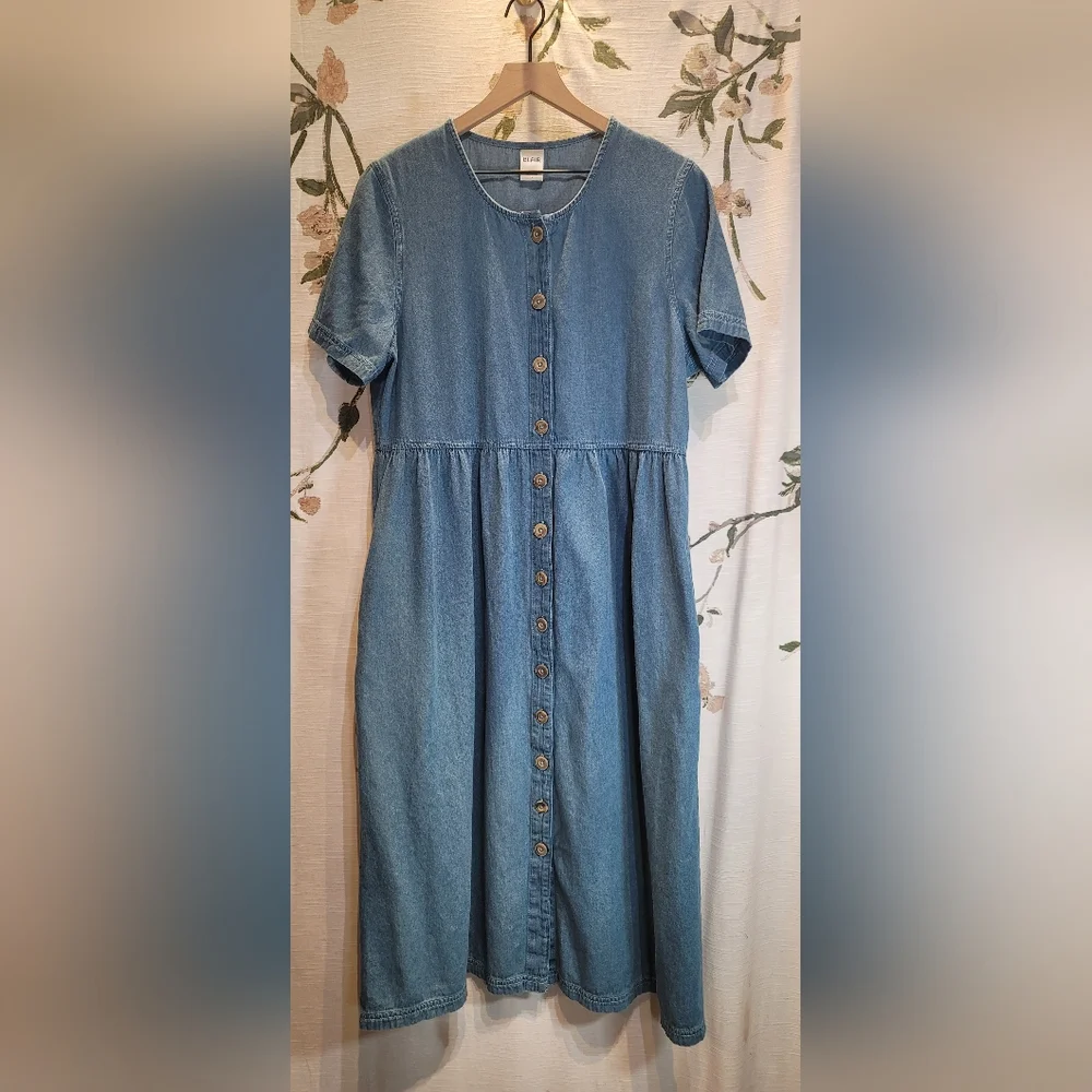 Blair Size Large Button Down Pockets Denim Shift Midi Blue Sundress Cottagecore - Picture 7 of 10